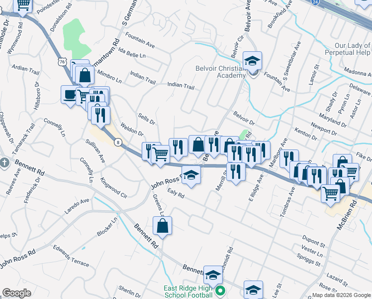 map of restaurants, bars, coffee shops, grocery stores, and more near 4007 Ringgold Road in Chattanooga