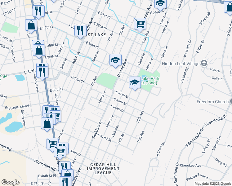map of restaurants, bars, coffee shops, grocery stores, and more near 3800 Dodds Avenue in Chattanooga