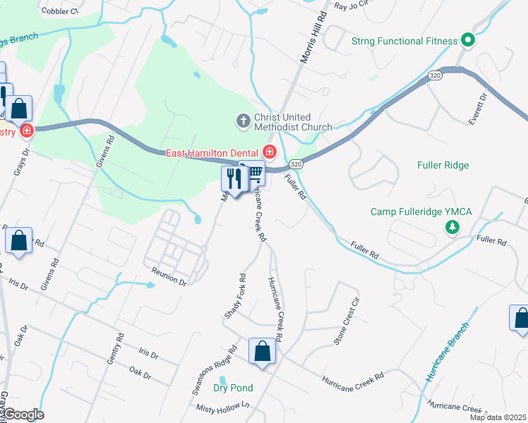 map of restaurants, bars, coffee shops, grocery stores, and more near 1148 Hurricane Creek Road in Chattanooga