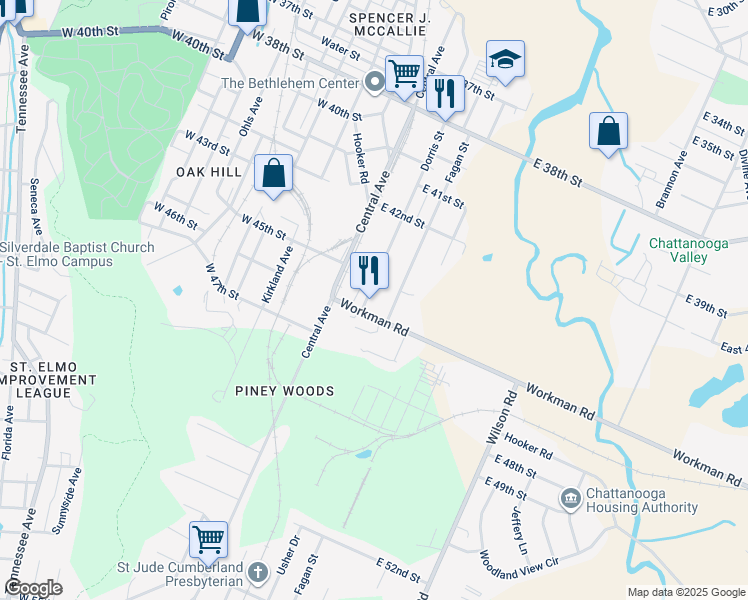 map of restaurants, bars, coffee shops, grocery stores, and more near 4512 Dorris Street in Chattanooga