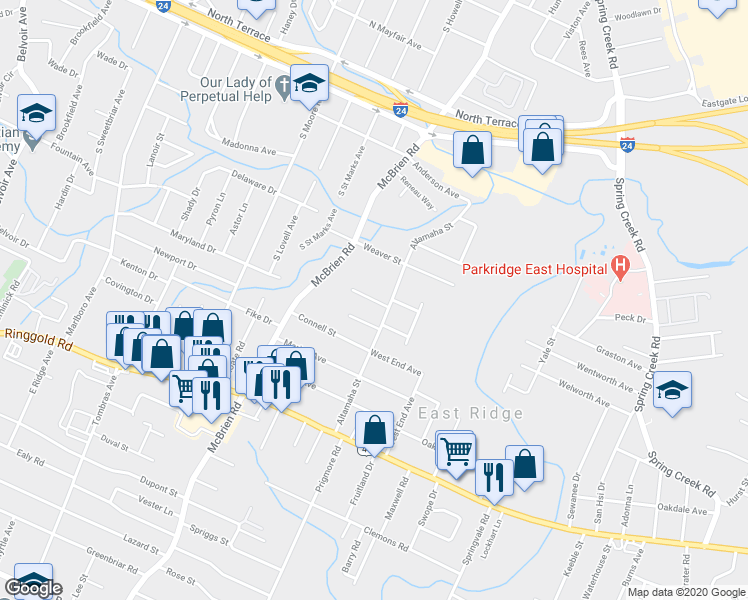 map of restaurants, bars, coffee shops, grocery stores, and more near 5333 Matthews Drive in Chattanooga