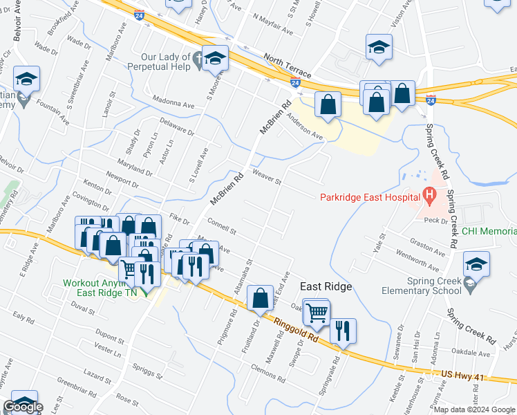 map of restaurants, bars, coffee shops, grocery stores, and more near 5325 Matthews Drive in East Ridge