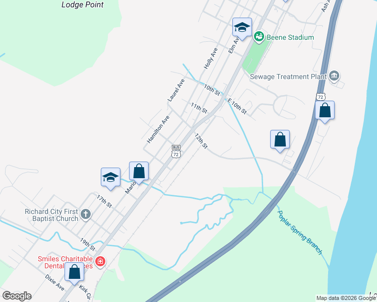 map of restaurants, bars, coffee shops, grocery stores, and more near 1215 Hickory Avenue in South Pittsburg