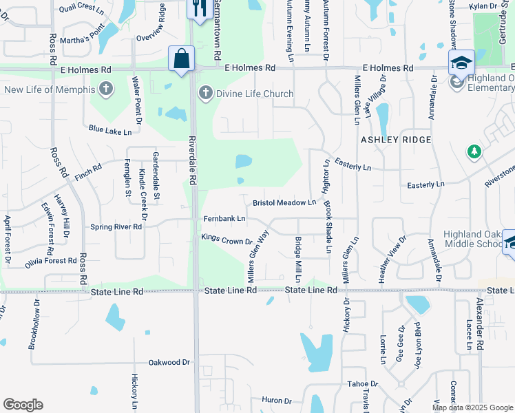 map of restaurants, bars, coffee shops, grocery stores, and more near 7085 Bristol Meadow Lane in Memphis