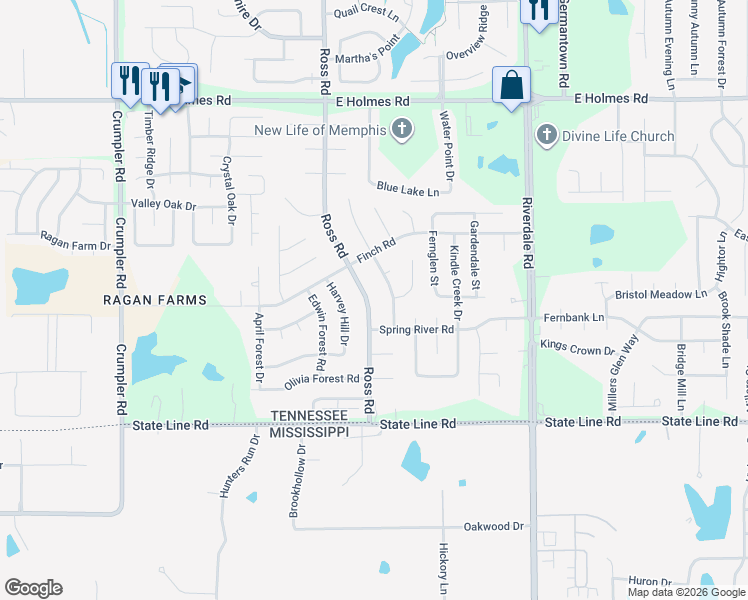 map of restaurants, bars, coffee shops, grocery stores, and more near 5480 Ross Road in Memphis