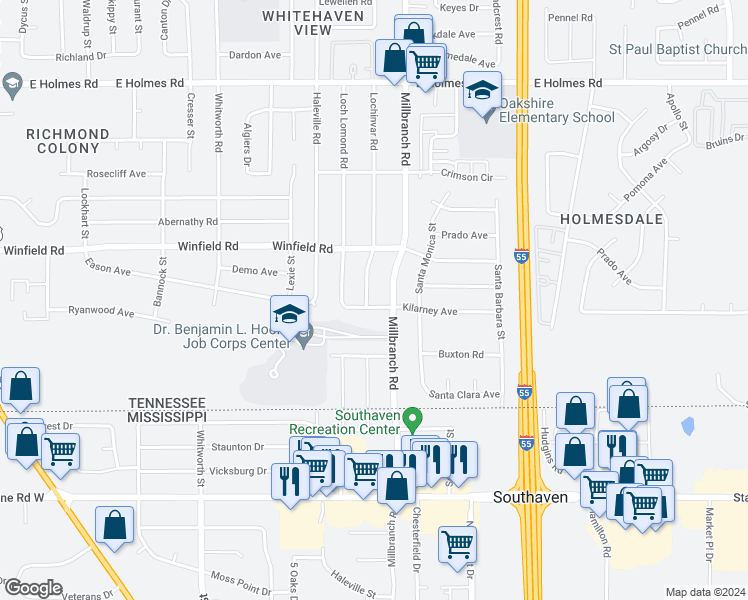 map of restaurants, bars, coffee shops, grocery stores, and more near 1642 Kilarney Avenue in Memphis