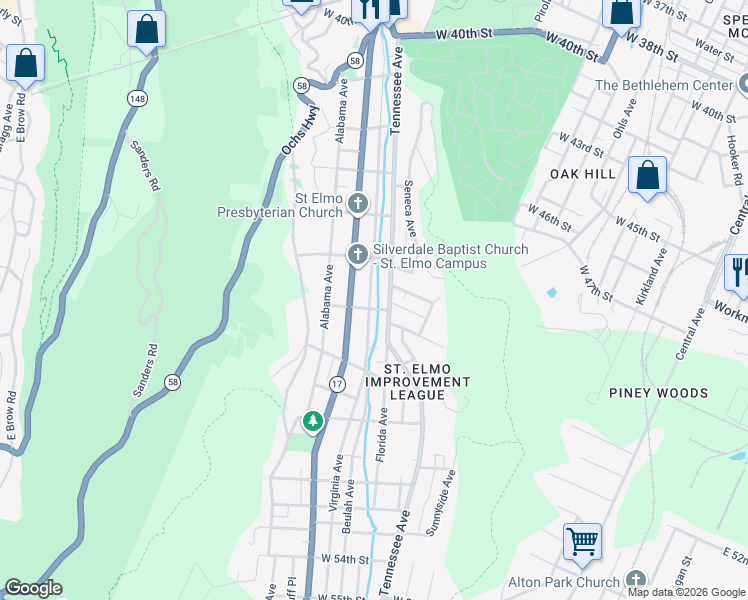 map of restaurants, bars, coffee shops, grocery stores, and more near 4510 Saint Elmo Avenue in Chattanooga