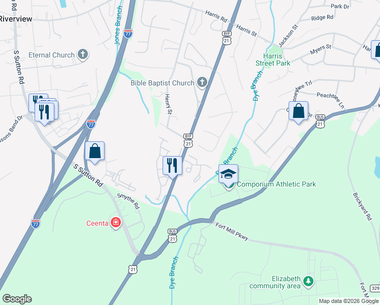 map of restaurants, bars, coffee shops, grocery stores, and more near 146 Creekside Drive in Fort Mill