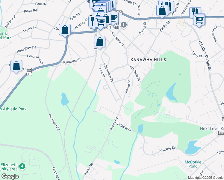 map of restaurants, bars, coffee shops, grocery stores, and more near 402 Williamson Street in Fort Mill
