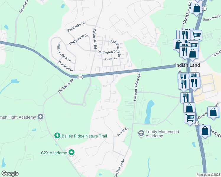 map of restaurants, bars, coffee shops, grocery stores, and more near Bailes Ridge Avenue in Indian Land