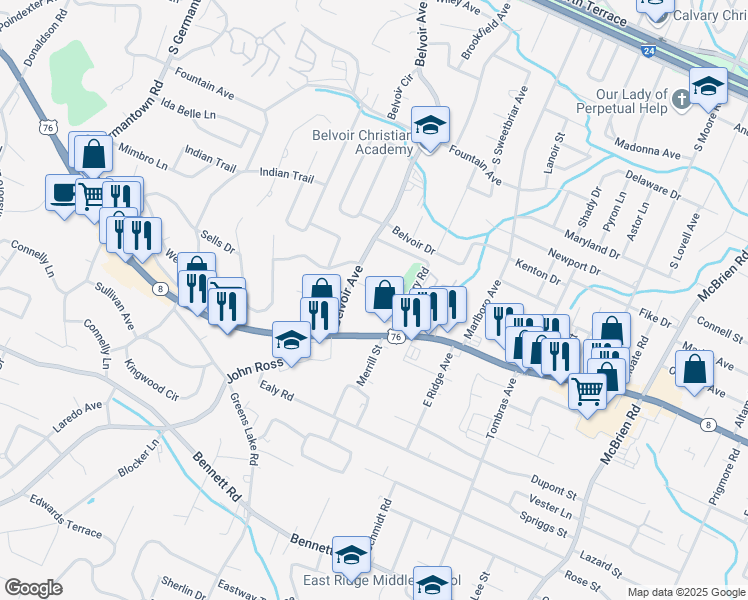 map of restaurants, bars, coffee shops, grocery stores, and more near 4108 Cresthaven Drive in Chattanooga