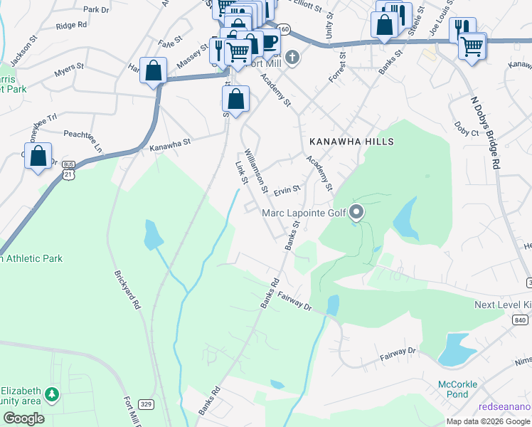 map of restaurants, bars, coffee shops, grocery stores, and more near 402 Williamson Street in Fort Mill