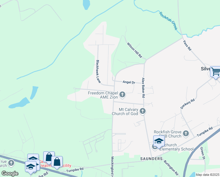 map of restaurants, bars, coffee shops, grocery stores, and more near 137 Blackhawk Lane in Raeford