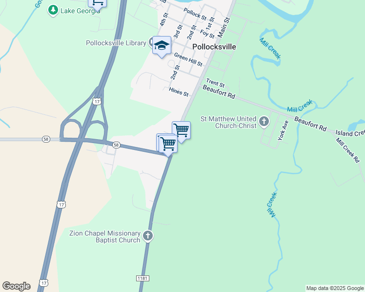 map of restaurants, bars, coffee shops, grocery stores, and more near 200-268 U.S. 17 in Pollocksville