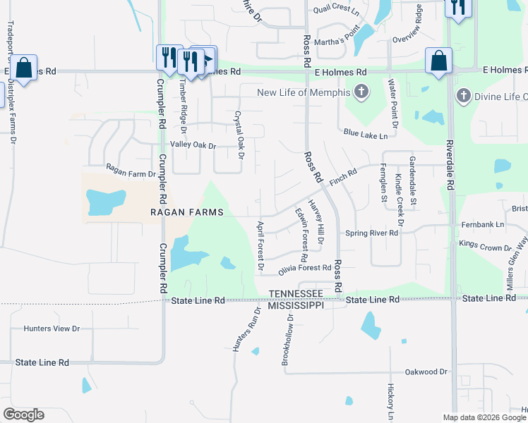 map of restaurants, bars, coffee shops, grocery stores, and more near 5452 April Forest Drive in Memphis