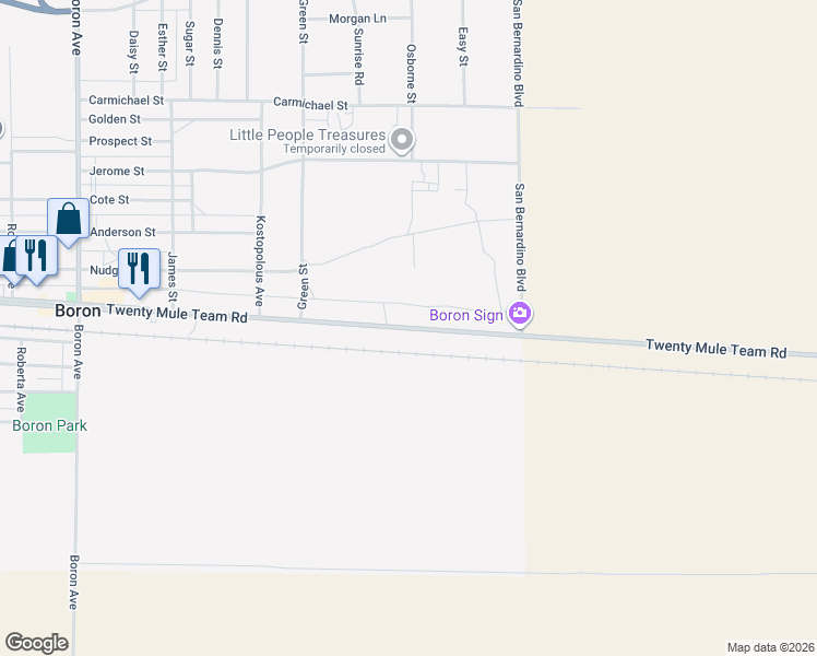 map of restaurants, bars, coffee shops, grocery stores, and more near Twenty Mule Team Road in Boron