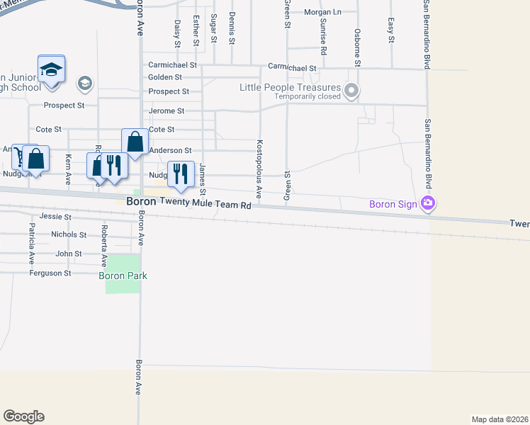 map of restaurants, bars, coffee shops, grocery stores, and more near 27401 Highway 58 in Boron