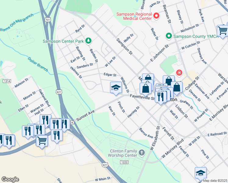 map of restaurants, bars, coffee shops, grocery stores, and more near 514 Fayetteville Street in Clinton