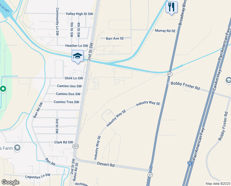 map of restaurants, bars, coffee shops, grocery stores, and more near 5507 Broadway Boulevard Southeast in Albuquerque