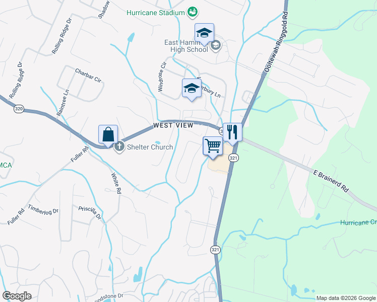 map of restaurants, bars, coffee shops, grocery stores, and more near 9632 East Brainerd Road in Chattanooga