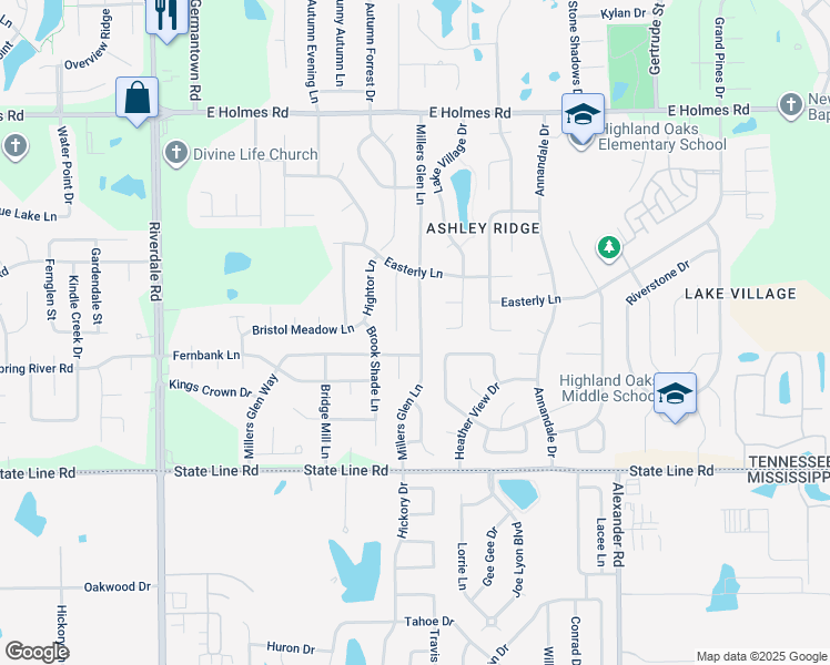 map of restaurants, bars, coffee shops, grocery stores, and more near 5471 Millers Glen Lane in Memphis