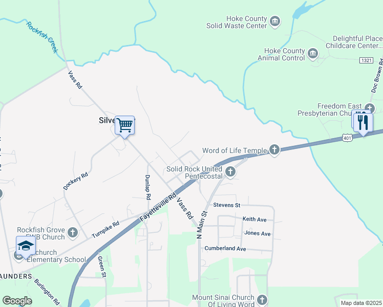 map of restaurants, bars, coffee shops, grocery stores, and more near 326 Hill Street in Raeford