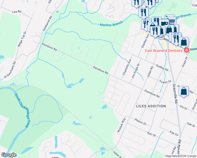 map of restaurants, bars, coffee shops, grocery stores, and more near 7696 Davidson Road in Chattanooga