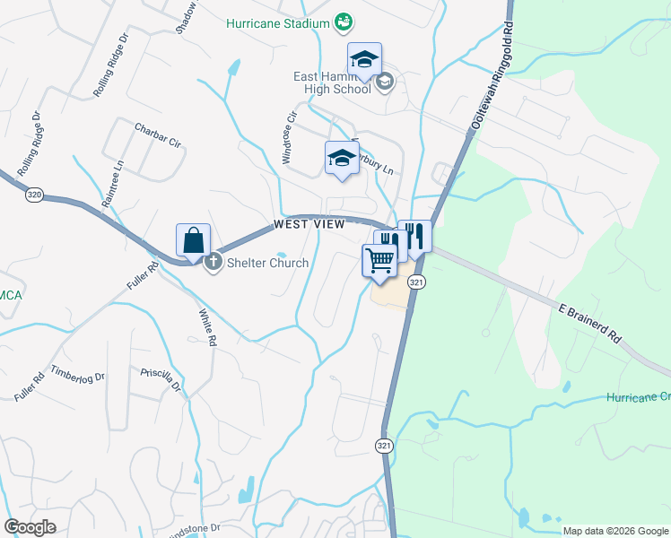 map of restaurants, bars, coffee shops, grocery stores, and more near 9632 East Brainerd Road in Chattanooga