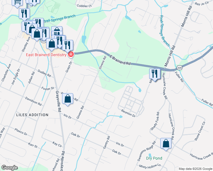 map of restaurants, bars, coffee shops, grocery stores, and more near 1046 Givens Rd in Chattanooga