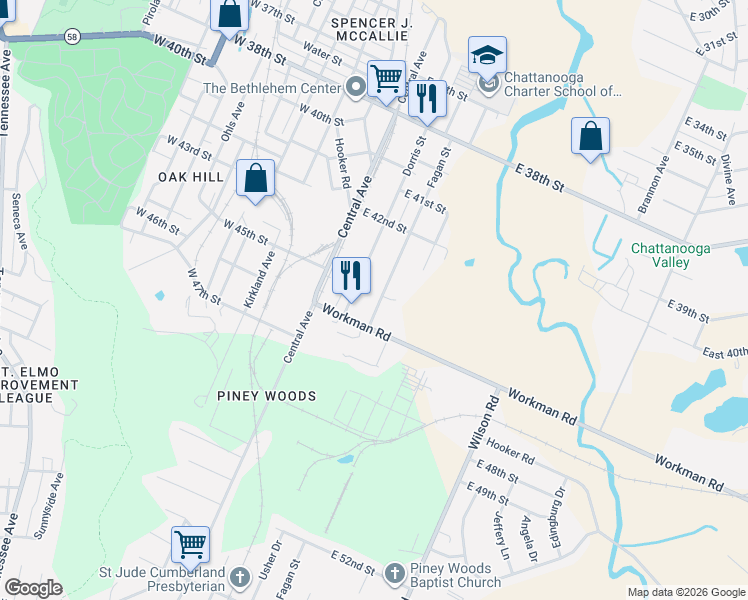 map of restaurants, bars, coffee shops, grocery stores, and more near 4421 Fagan Street in Chattanooga