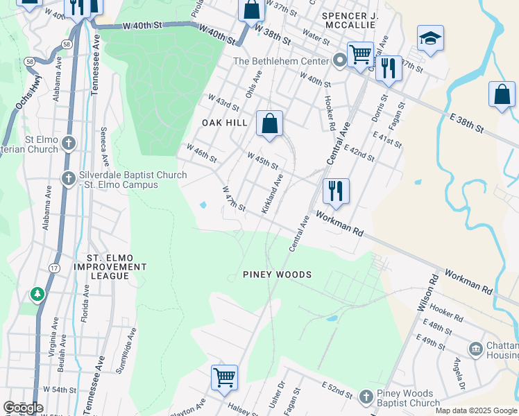 map of restaurants, bars, coffee shops, grocery stores, and more near 4605 Kirkland Avenue in Chattanooga