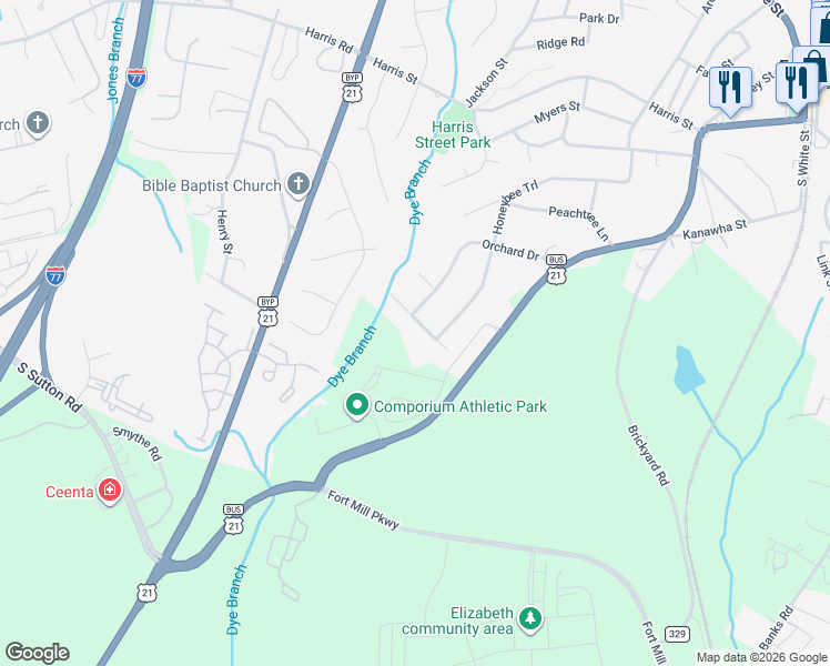 map of restaurants, bars, coffee shops, grocery stores, and more near 1221 Plum Branch Lane in Fort Mill