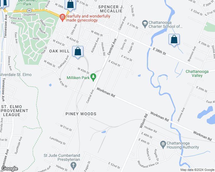map of restaurants, bars, coffee shops, grocery stores, and more near 4360 Dorris Street in Chattanooga