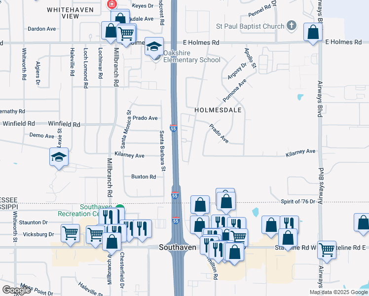 map of restaurants, bars, coffee shops, grocery stores, and more near 5459 Hudgins Road in Memphis