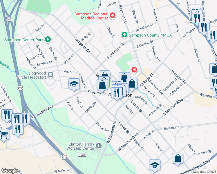 map of restaurants, bars, coffee shops, grocery stores, and more near 108 East Faison Street in Clinton