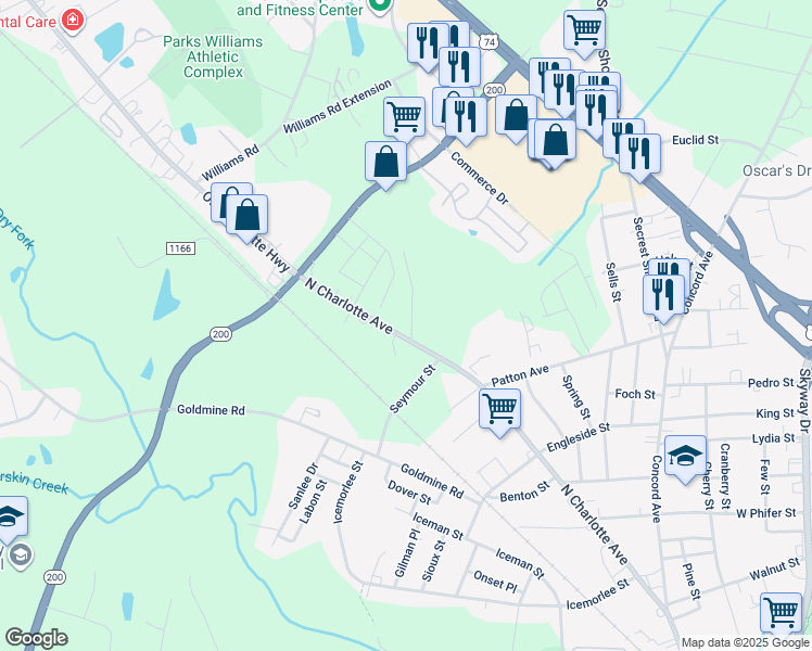 map of restaurants, bars, coffee shops, grocery stores, and more near 1804 North Charlotte Avenue in Monroe