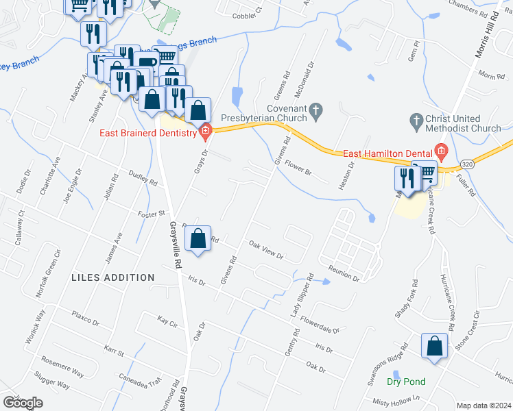 map of restaurants, bars, coffee shops, grocery stores, and more near 1035 Givens Road in Chattanooga