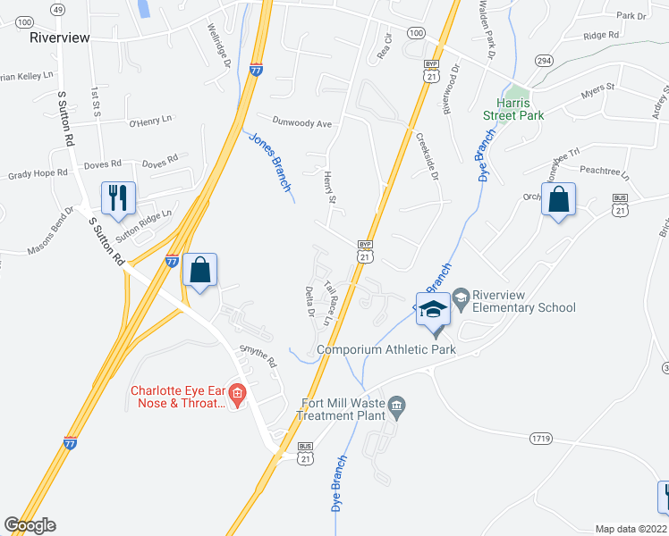 map of restaurants, bars, coffee shops, grocery stores, and more near 900 Little Creek Drive in Fort Mill