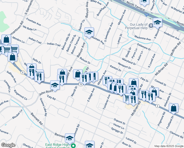 map of restaurants, bars, coffee shops, grocery stores, and more near 4145 Ringgold Road in Chattanooga