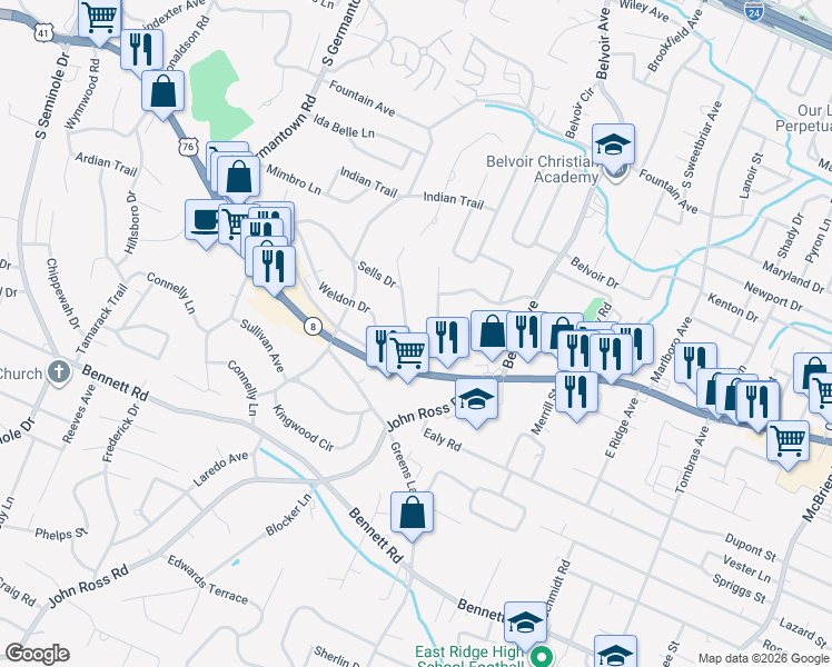 map of restaurants, bars, coffee shops, grocery stores, and more near 1039 Hibbler Circle in Chattanooga
