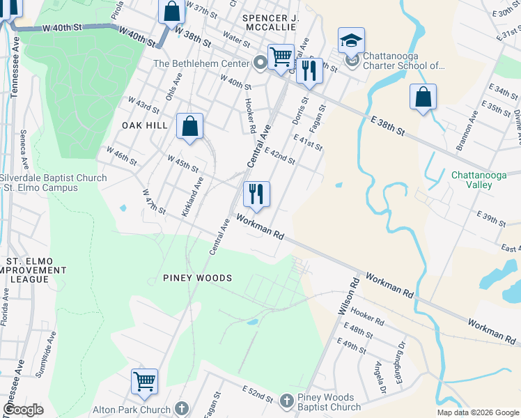 map of restaurants, bars, coffee shops, grocery stores, and more near 55 Workman Road in Chattanooga