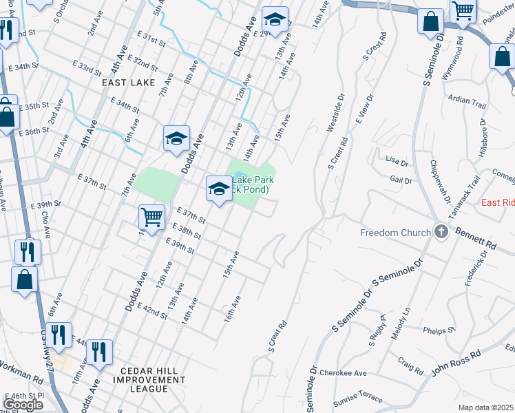 map of restaurants, bars, coffee shops, grocery stores, and more near 3201 East 36th Street in Chattanooga