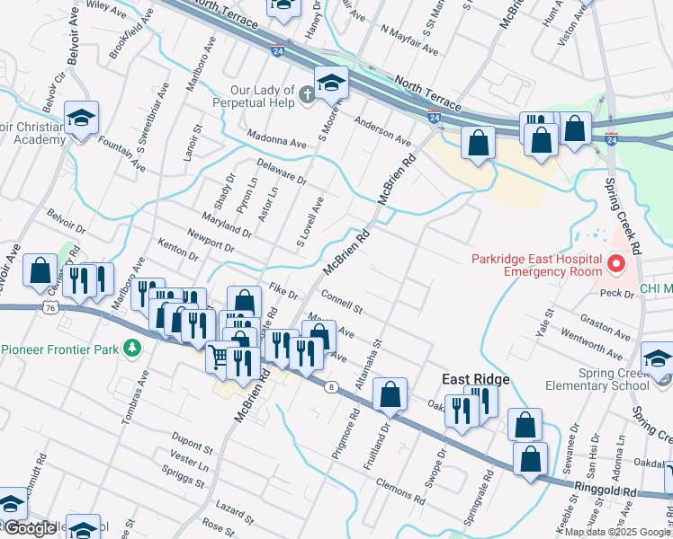 map of restaurants, bars, coffee shops, grocery stores, and more near 1128 Mcbrien Road in Chattanooga