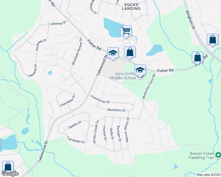 map of restaurants, bars, coffee shops, grocery stores, and more near 2912 Sangria Place in Fayetteville