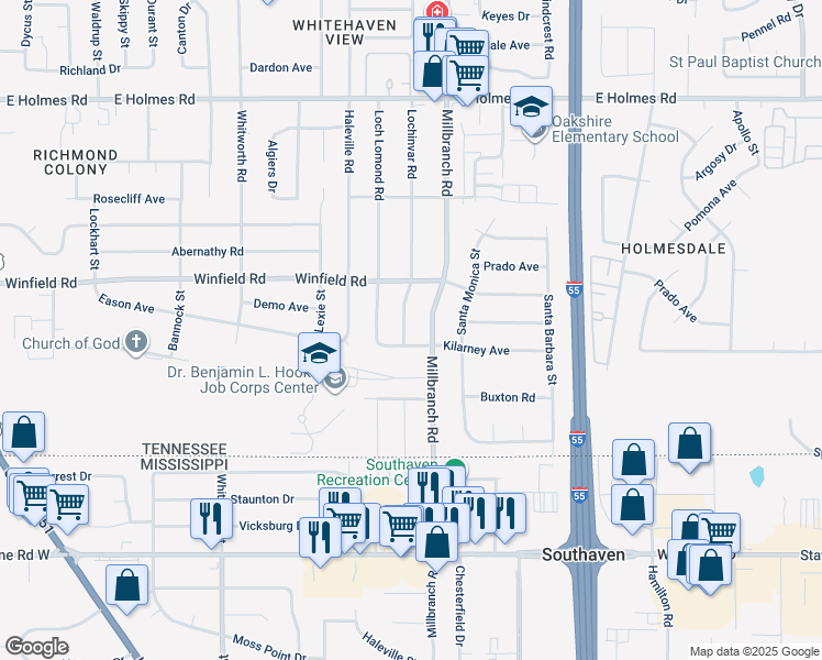 map of restaurants, bars, coffee shops, grocery stores, and more near 5472 Lochinvar Road in Memphis