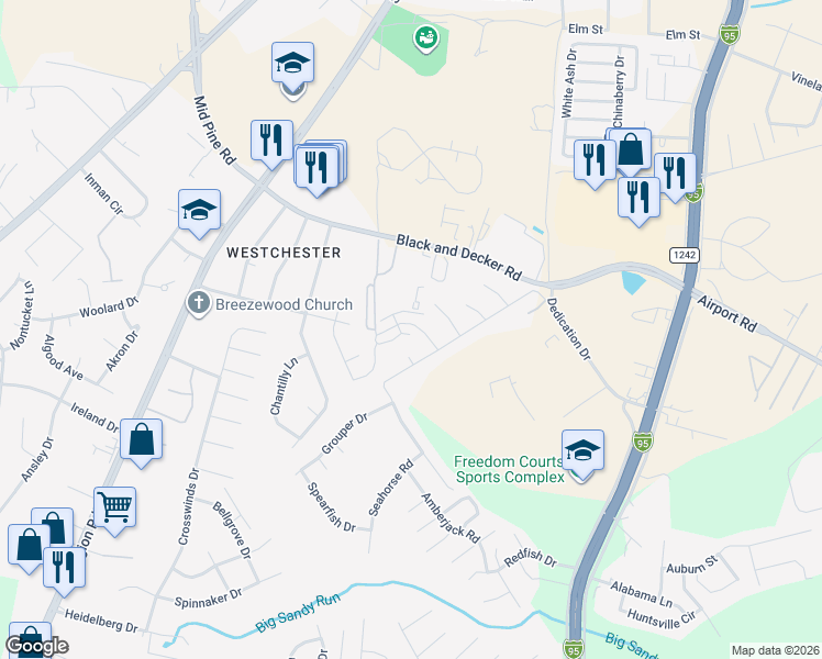 map of restaurants, bars, coffee shops, grocery stores, and more near 430 Sheila Street in Hope Mills