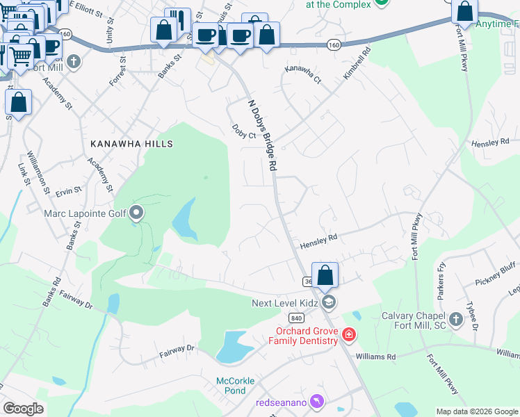 map of restaurants, bars, coffee shops, grocery stores, and more near 105 Lachlan Drive in Fort Mill