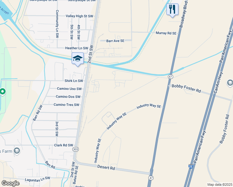 map of restaurants, bars, coffee shops, grocery stores, and more near 5507 Broadway Boulevard Southeast in Albuquerque