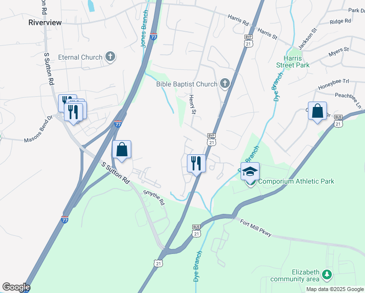 map of restaurants, bars, coffee shops, grocery stores, and more near 521 Delta Drive in Fort Mill