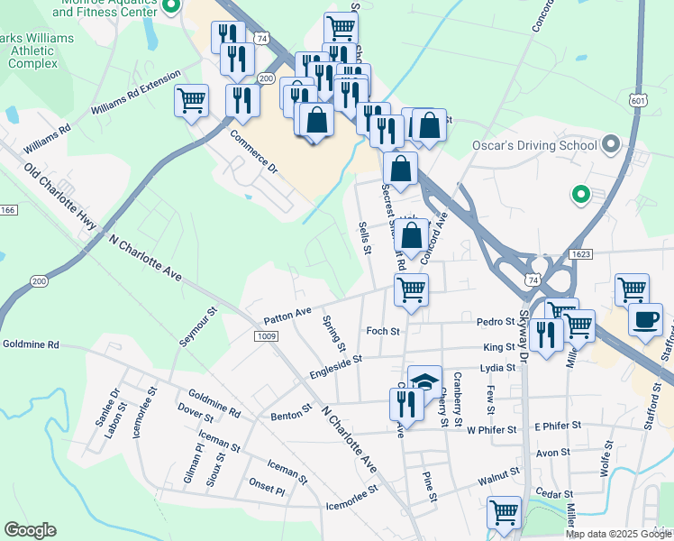 map of restaurants, bars, coffee shops, grocery stores, and more near 1617 Sells Street in Monroe